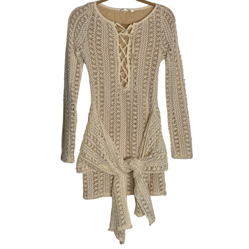Salty Women Cream Crochet Lace Up Front Tie Mini‎ Dress Small - Picture 2 of 6